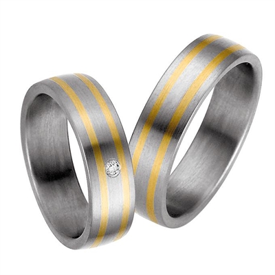 Vielsesringe i Titanium og 14 kt. Guld med Diamant 0,02 ct. - 6 mm