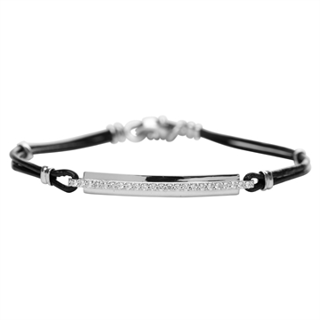 Sort læderarmbånd med Zirkonia - 18 cm