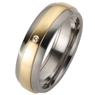 Vielsesring i Titanium og 8 kt. Guld med Diamant - 6 mm