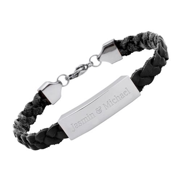 Sort læderarmbånd med graveringsplade med diamantgravering