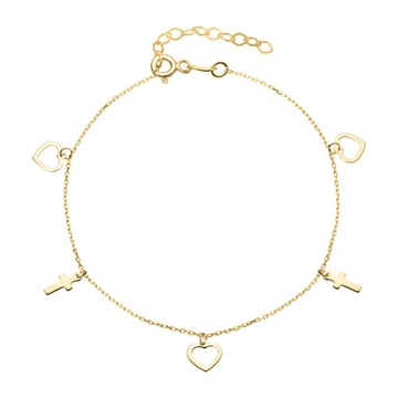 Armbånd i 9 kt. Guld med Hjerter og Kors - 18 cm