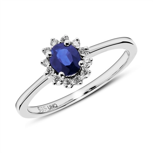 Forlovelsesring i 14 Hvidguld Safir og Diamanter - 0,09 ct