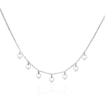 Collier i sterlingsølv med 7 hængende hjerter, poleret og rhodineret, justerbar 40-45 cm