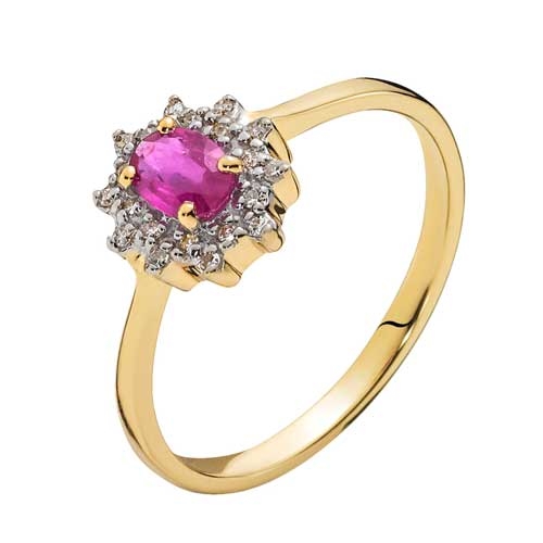 Guld Ring 14 kt. med Roset af Rubin og Diamanter - 0,10 ct.