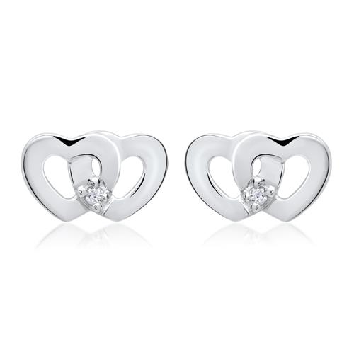 Ørestikker i 14 kt. Hvidguld med Hjerter og Diamanter - 0,02 ct.