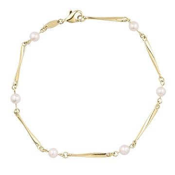 Armbånd i 8 karat guld med små hvide perler og blanke guldelementer