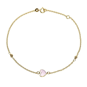 Armbånd i 14 kt. guld med perlemorshjerte og facetterede kugler, justerbar længde og klassisk fjederlås – feminint smykke