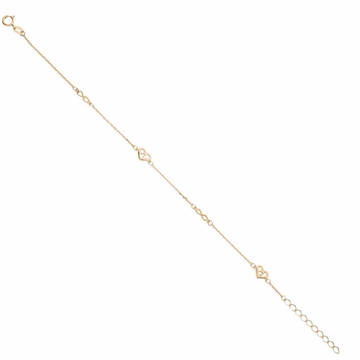 Armbånd i 8 kt. guld med hjerter og infinity