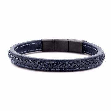 Blåt flettet læderarmbånd med stållås til herre
