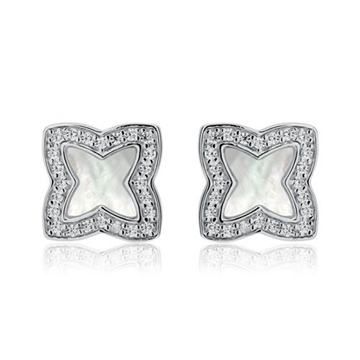 Blomsterøreringe i Sølv, 10x10 mm, med perlemor i midten og hvide zirkoniasten langs kanten