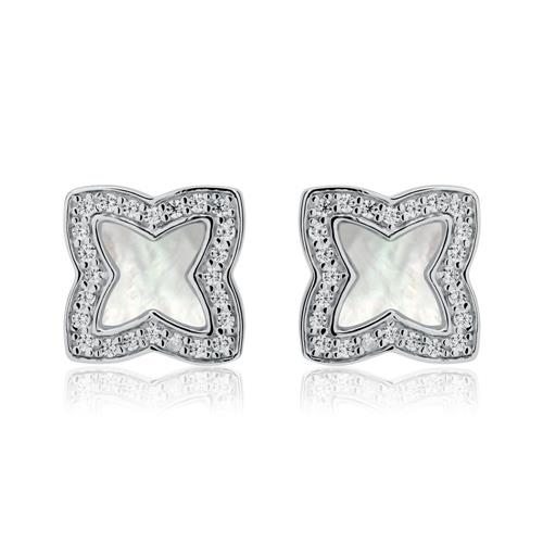 Blomsterøreringe i Sølv, 10x10 mm, med perlemor i midten og hvide zirkoniasten langs kanten