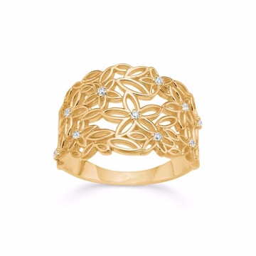 Blomsterring i 8 kt guld med blade og funklende zirkonia sten
