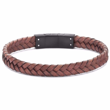 Brunt flettet læderarmbånd med sort metal lås til herre
