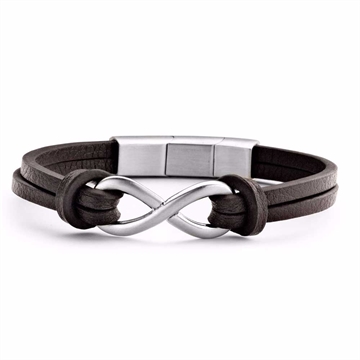 Brunt læderarmbånd med infinity symbol i ægte læder til herre