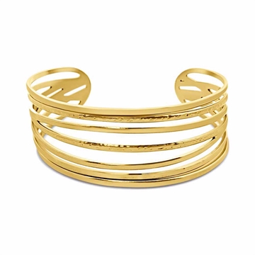 Åben armring i guldfarvet stål med hamret og blank finish