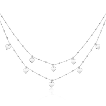 Dobbeltstrenget halskæde i rhodineret Sterling Sølv med små perler og hjertevedhæng