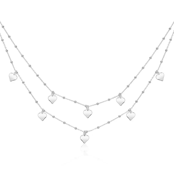 Dobbeltstrenget halskæde i rhodineret Sterling Sølv med små perler og hjertevedhæng