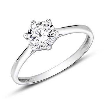 Forlovelsesring i 9 karat hvidguld med rund zirkonia i seksgrapsfatning