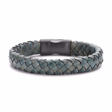 Frank 1967 grønt flettet læderarmbånd med sort stållås til herre - 21 cm