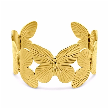 Guldfarvet armring i stål med detaljerede sommerfuglemotiver