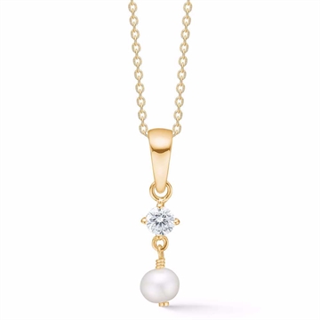 Forgyldt halskæde med perle og zirkonia vedhæng
