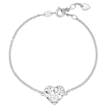 Lund Marguerit armbånd i sølv med hjerte og hvid marguerit omkranset af små blade. Justerbar længde 