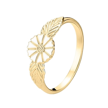 Lund Marguerit ring i 24 kt. forgyldt sølv med hvid emalje og to dekorative blade