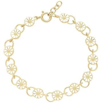 Marguerit armbånd i 24 kt. forgyldt sølv med ringe fra Lund Copenhagen, med hvide emaljerede margueritter længde 18,5–20 cm