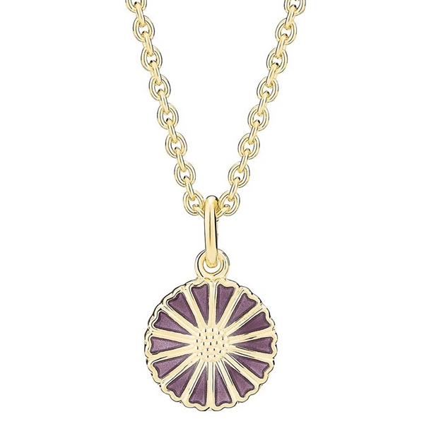 Marguerit halskæde i 24 kt. forgyldt sølv med håndmalet lilla emalje, vedhæng diameter 11 mm, kædelængde 45–48 cm