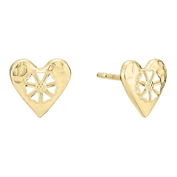 Marguerit ørestikker med hjerter i 24 kt. forgyldt sølv med hvid emalje og hammerslået overflade - LUND 