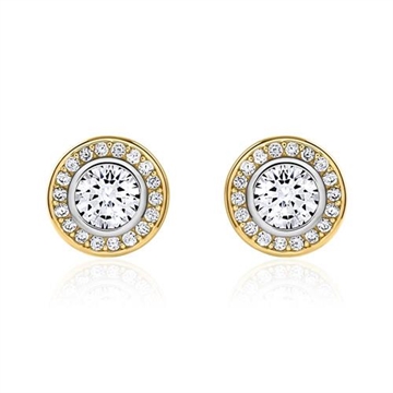Ørestikker i 9 kt. guld med hvid glassten i hvidguldsfatning og små zirkoner rundt om