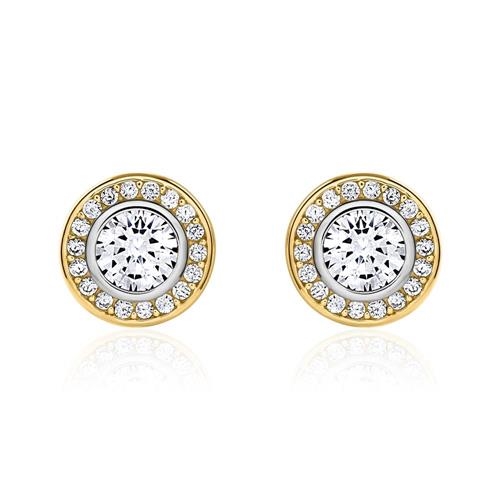 Ørestikker i 9 kt. guld med hvid glassten i hvidguldsfatning og små zirkoner rundt om