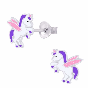 Sølv ørestikker med springende emaljeret enhjørning