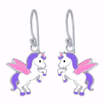 Sølv ørehængere med enhjørning i pink og lilla emalje