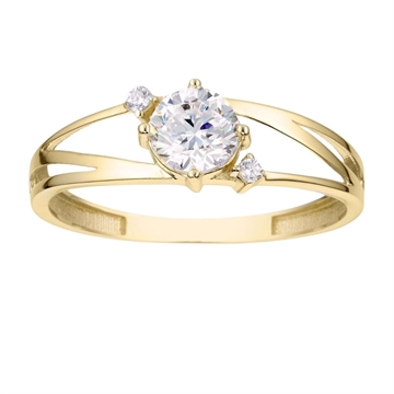 Ring i 8 kt. guld med rund zirkonia centersten og to mindre zirkoniasten