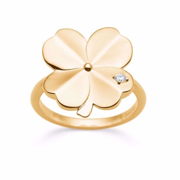 Ring i forgyldt sterlingsølv med firkløver og hvid zirkonia