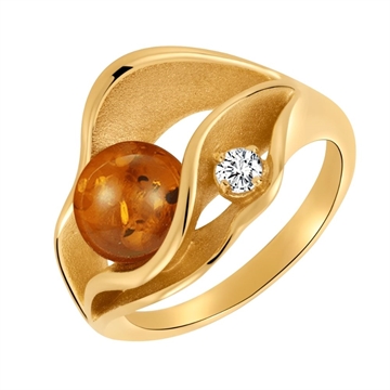 Ring i forgyldt sølv med åben blomst, rav og syntetiske cubic zirkonia
