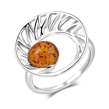 Ring i rhodineret sølv med rav, mønster og cirkeldesign