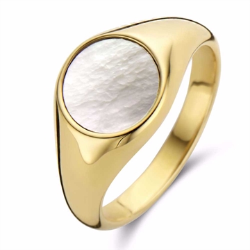 Signet ring i guldfarvet stål med rund perlemor top