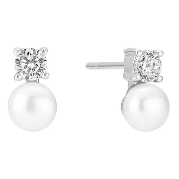 Sølv ørestikker med hvid ferskvandsperle og rund zirkoniasten fra LUND COPENHAGEN
