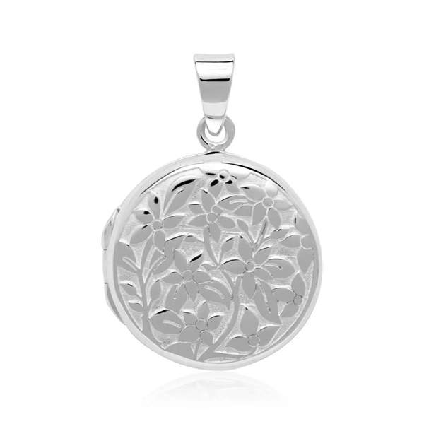Rund sølvmedaljon med blomsterdesign og mulighed for gravering