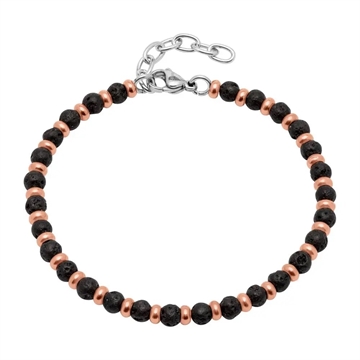 Sort armbånd med lavastenperler og rosaguldbelagt stål