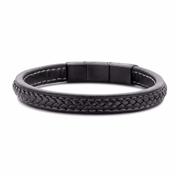 Sort flettet læderarmbånd med sort stållås til herre