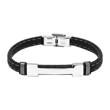 Moderne armbånd i sort gummi med lysegrå kontrastsyning og rustfri stål, justerbar og personliggjort.