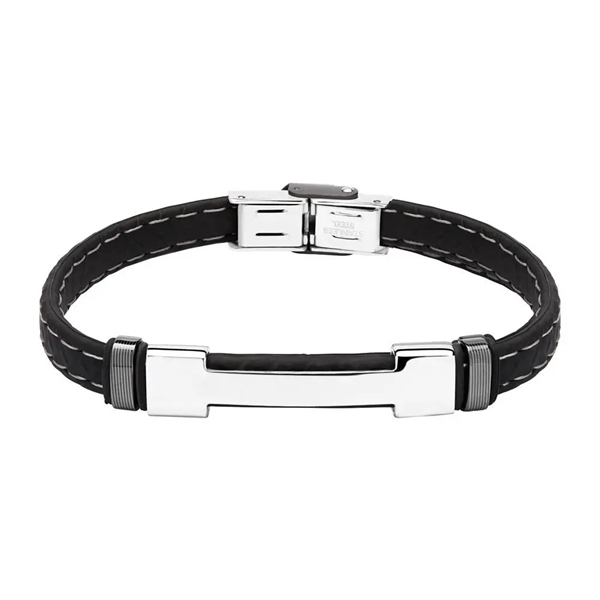 Moderne armbånd i sort gummi med lysegrå kontrastsyning og rustfri stål, justerbar og personliggjort.