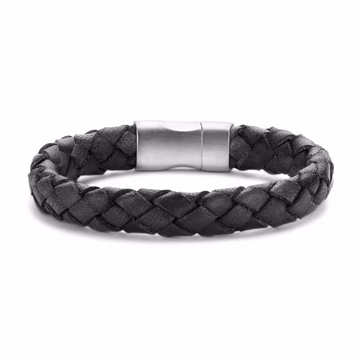 Sort flettet læderarmbånd med stållås til herre