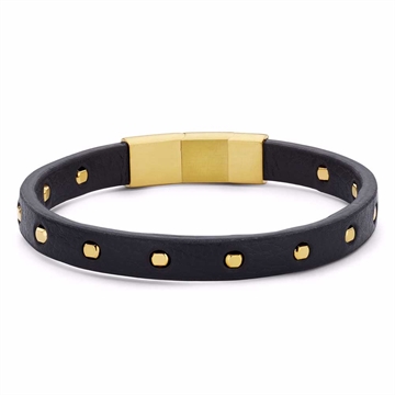 Sort læderarmbånd til mænd med guldfarvede metalelementer og stållås