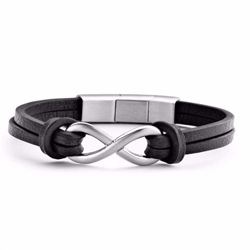 Sort læderarmbånd med infinity symbol i ægte læder til herre