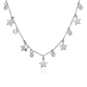 Stjernehalskæde i sterlingsølv med skinnende og matte stjerner samt zirkoniasten