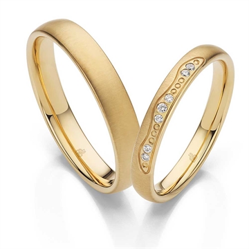 Vielsesringe i 9 kt. guld med 7 lab-grown diamanter i dameringen, 3 mm og 4 mm brede ringe